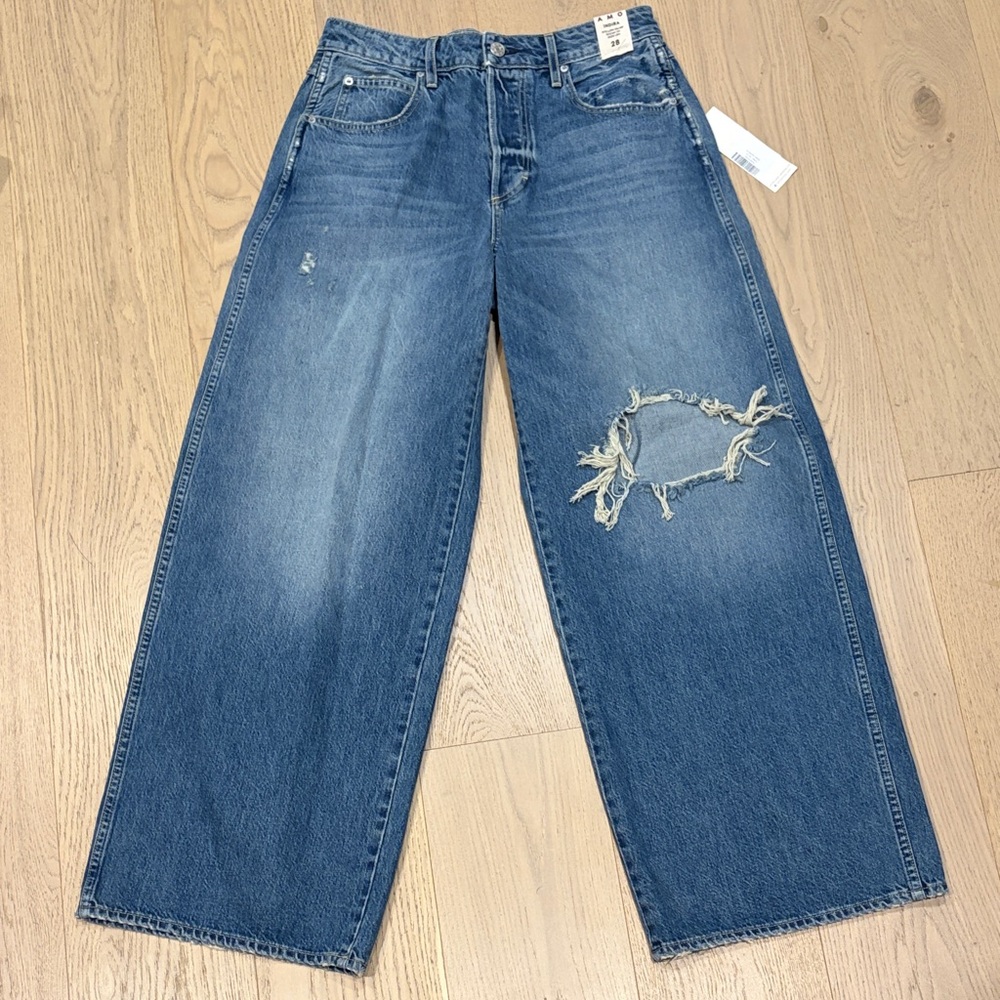 AMO Wide-Leg Distressed Mid Blue Jeans